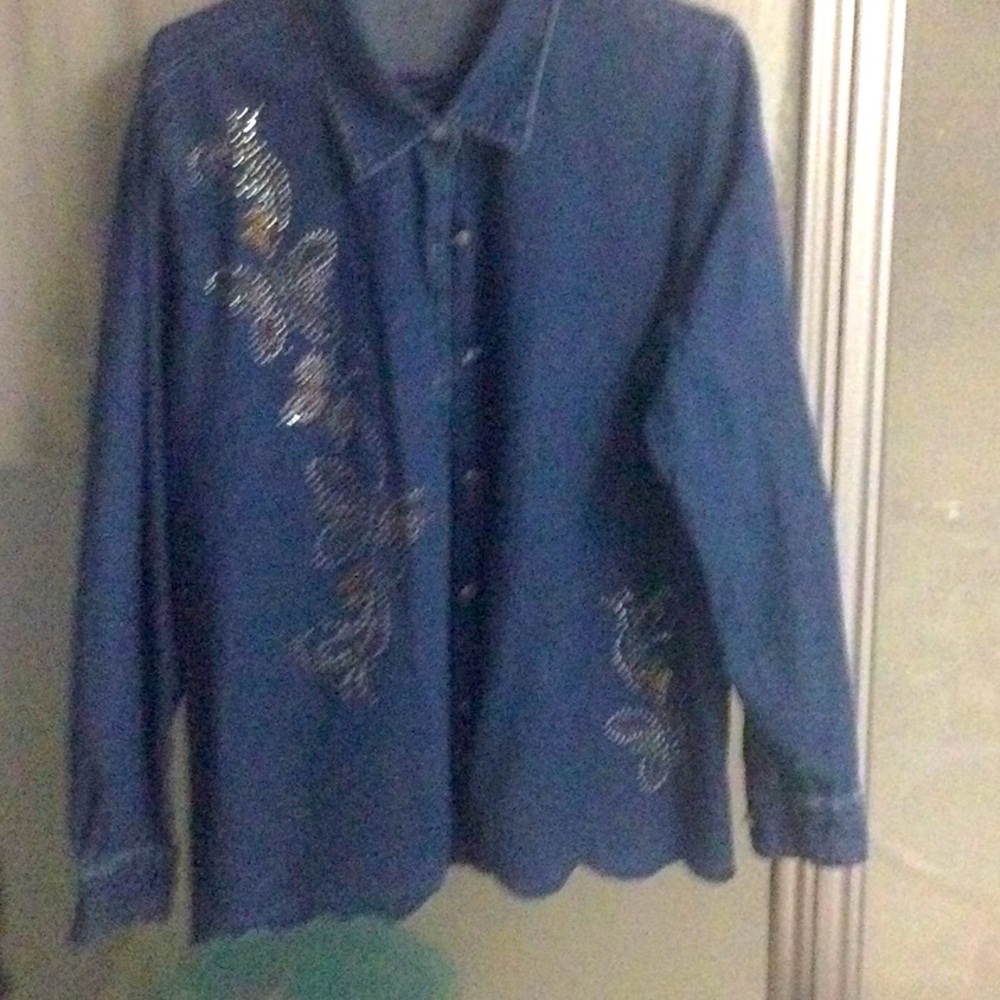 Stylish Blue denim Embellished Women's Button Down Shirt